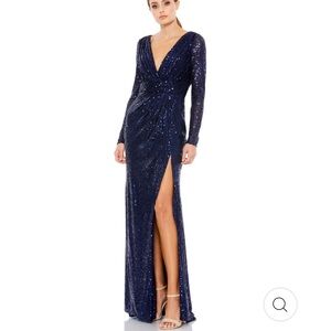 Mac Duggal Midnight Blue Size 18 Long Sleeve Sequined Gown With Leg Slit